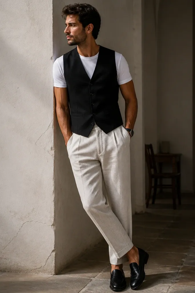 Beige linen pants with a white crew t-shirt under a black waistcoat. The man wears black leather loafers and a black watch; the waistcoat has multiple buttons and a structured front.