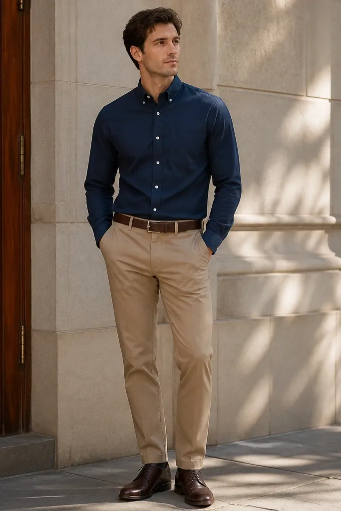 A man wearing warm sand beige chinos, a tucked navy Oxford button-down with visible small texture, a brown leather belt, and dark brown derby shoes; the lighting is daylight and the shirt cuffs sit neatly at the wrist.