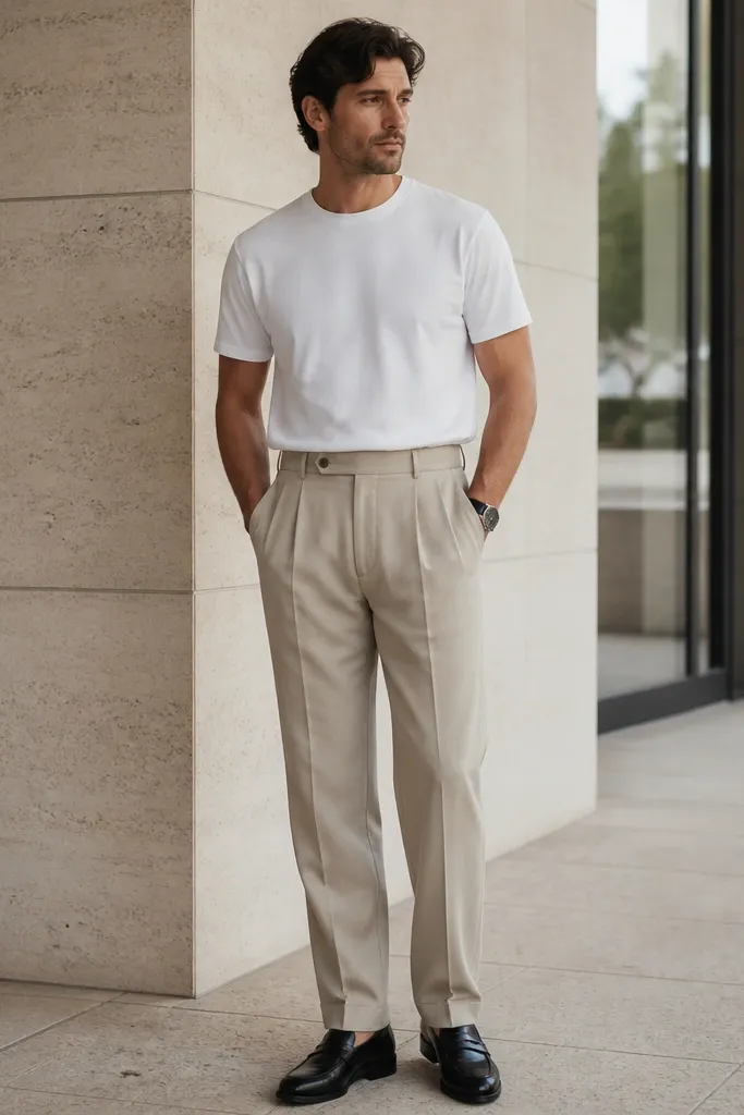Cool oatmeal beige pleated trousers with a crisp white heavyweight crew-neck tee, no tie, a charcoal watch, and minimalist black loafers; the trousers show a soft break over the shoes.