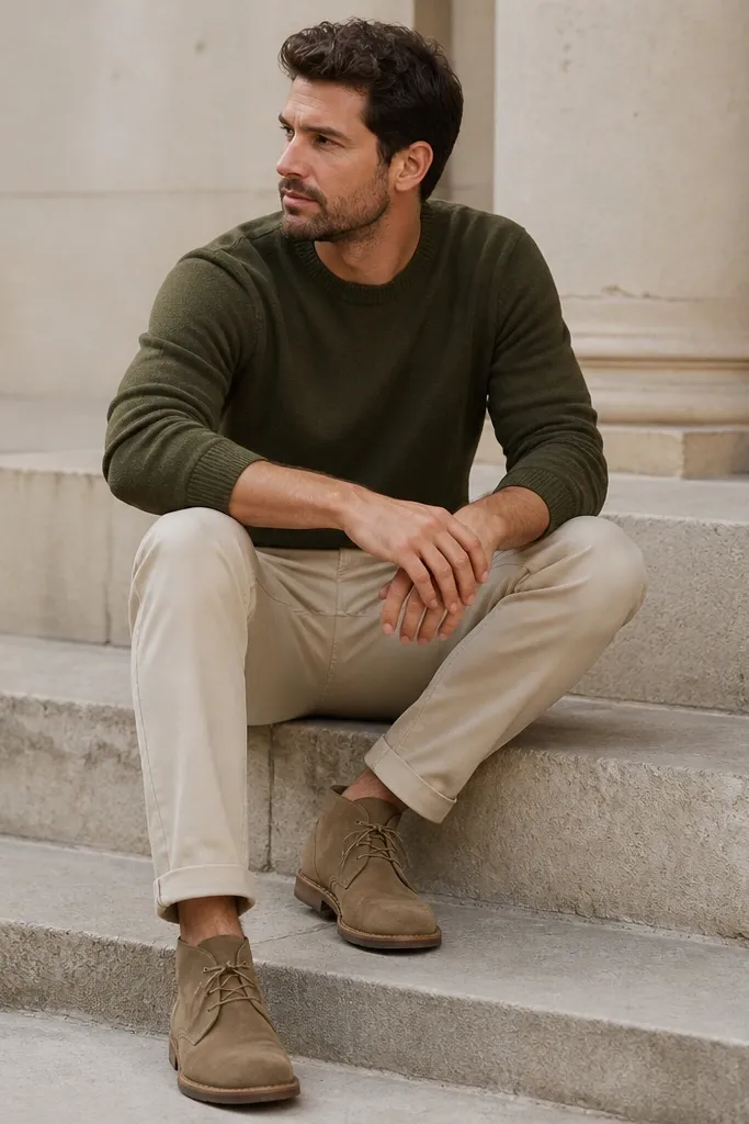 Stone beige chinos worn with an olive green crewneck sweater, sleeves pulled to just above the wrist bone, and tan suede desert boots; the sweater looks thick and matte.