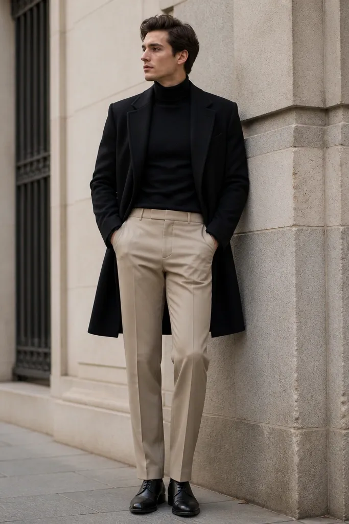 Tailored beige suit trousers with a fitted black turtleneck, a black overcoat hanging open, and polished black leather shoes; the waistband is smooth with no bunching.