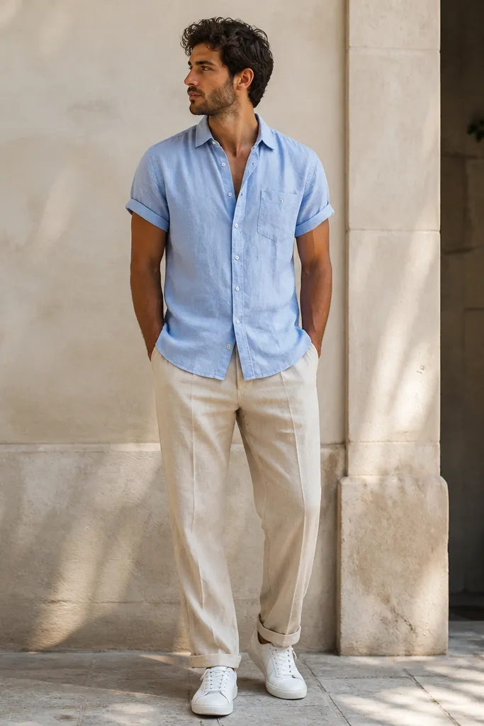 Beige linen pants with a light blue short-sleeve button-up, sleeves rolled once, and white low-top sneakers; the linen shows natural wrinkles.