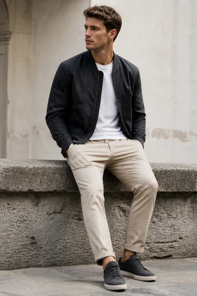 Oatmeal beige chinos worn with a charcoal bomber jacket, a white crew tee underneath, and dark gray suede sneakers; the bomber ribbing sits snug at the wrists.