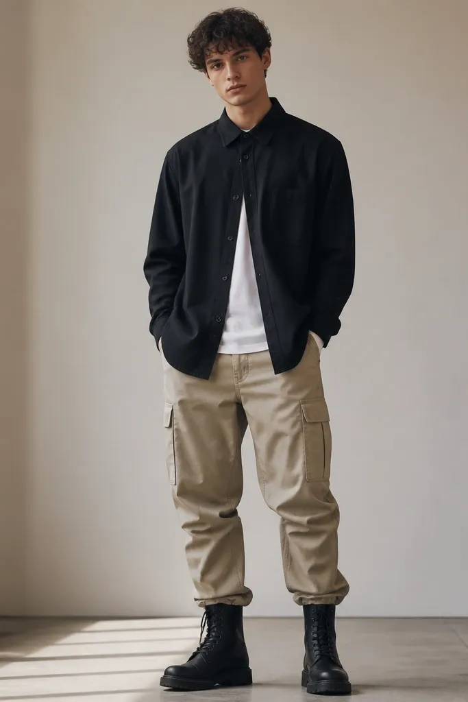 Beige cargo pants with visible side pockets worn with a black overshirt, a white tee, and black leather combat boots; the overshirt is buttoned at the top.