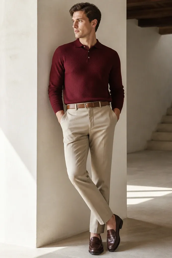 Beige tapered pants with a burgundy knit polo shirt (no collar gap), a tan belt, and dark brown leather loafers; the knit looks thick with visible weave.