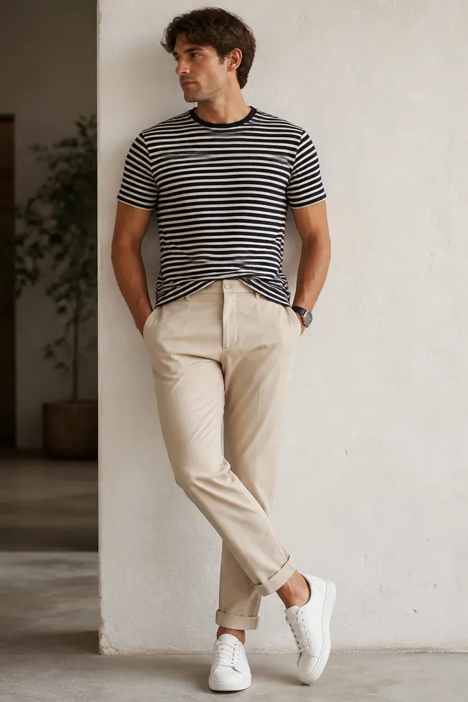 Beige pants paired with a black-and-white horizontal striped tee, a black leather watch strap, and white sneakers; the tee is fitted at the waist and slightly tucked in front.