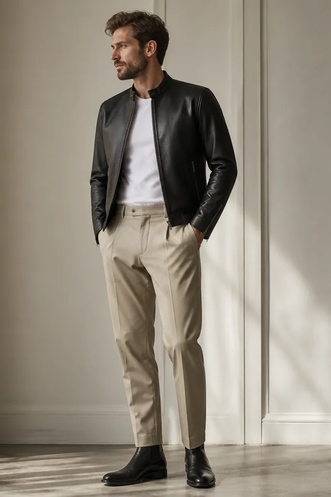 Beige pants with a white crew tee and a black leather biker jacket, paired with black Chelsea boots; the jacket zipper is closed and the tee is tucked.