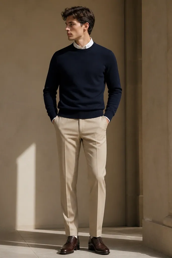 Beige suit pants paired with a navy knit crewneck sweater, a white dress shirt peeking at the collar, and dark brown oxford shoes; the sweater sits smooth over the waist.