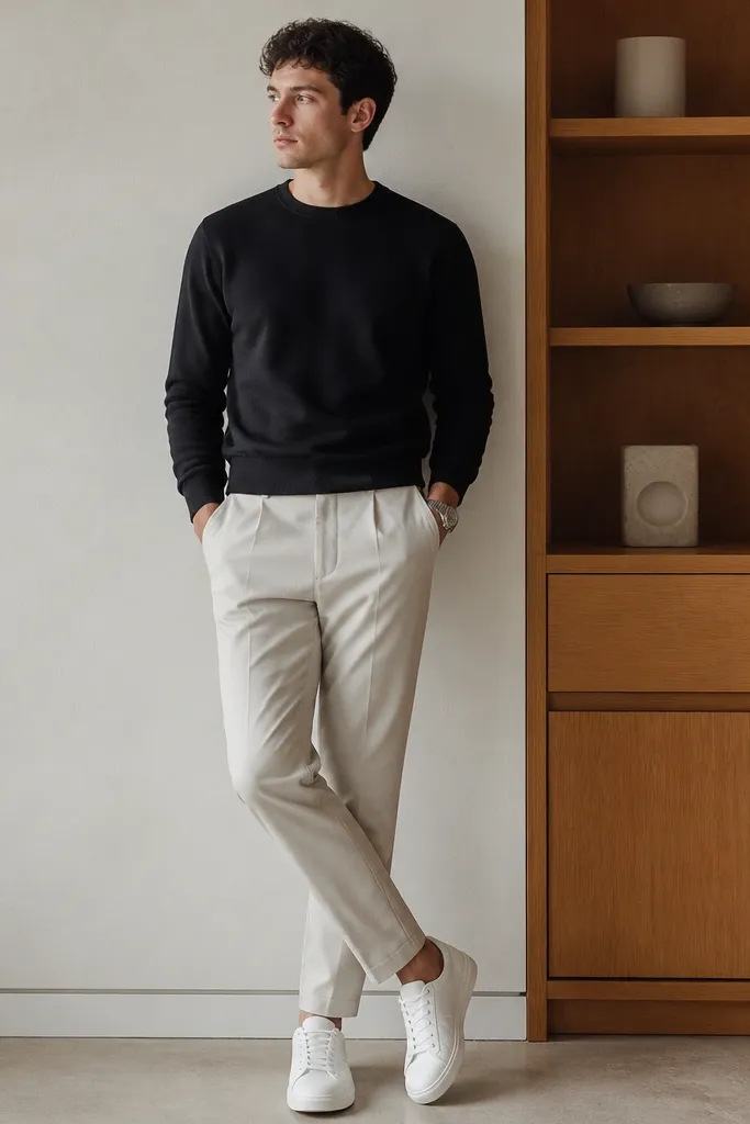 Oatmeal beige chinos with a black crewneck sweatshirt, a simple silver watch, and white leather sneakers; the sweatshirt hem sits at the waistband.