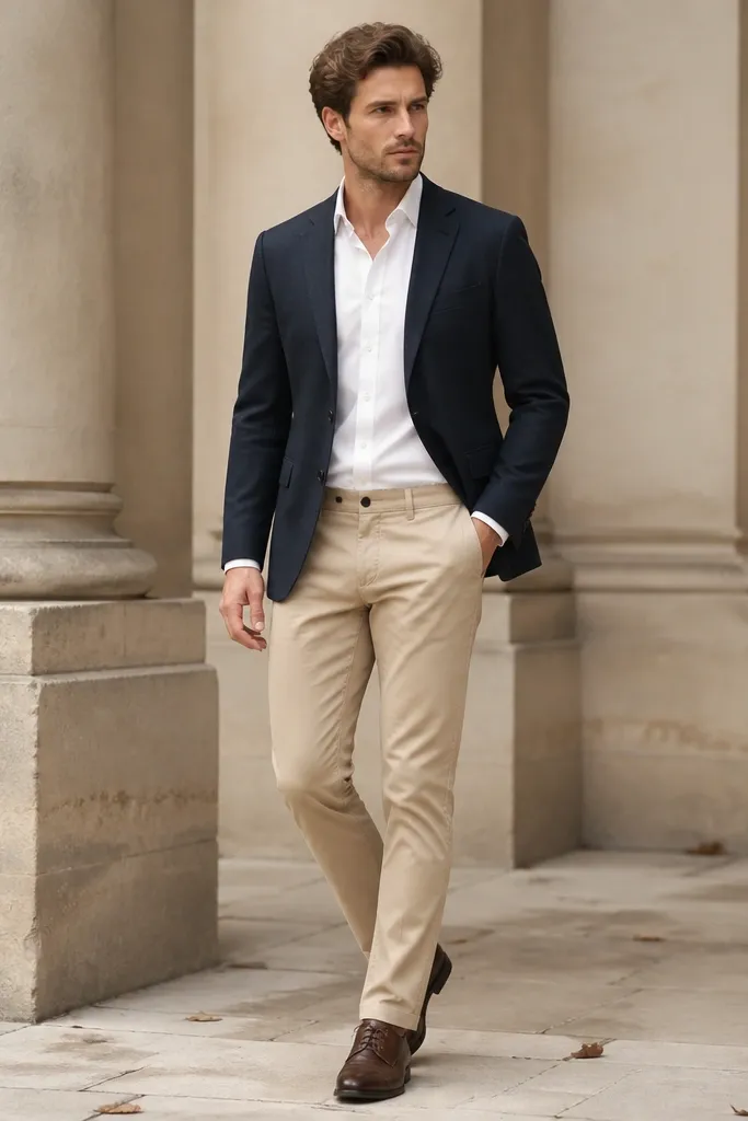 Beige pants with a navy blazer, a white button-down shirt, and dark brown leather shoes; the blazer is unbuttoned and sleeves are tailored to the wrist.