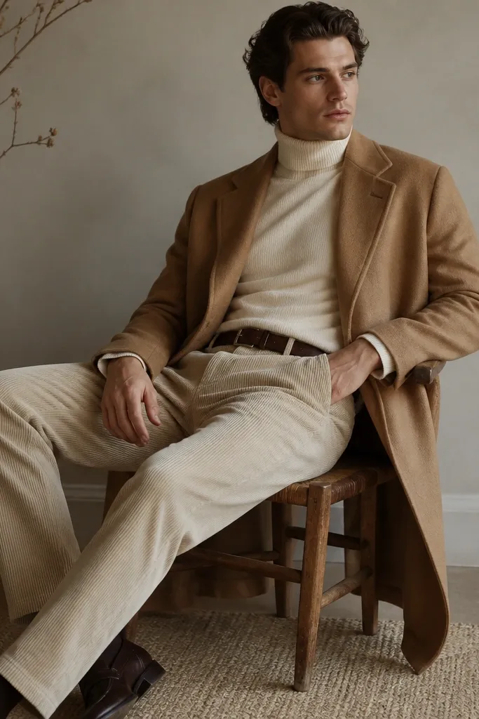 Beige corduroy pants with visible fine wale texture, a cream turtleneck, and a camel overcoat; dark loafers and a brown belt are visible near the waist.