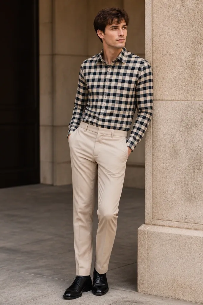 Beige pants with a black-and-beige checked button-down shirt, sleeves down, shirt tucked, and black leather derby shoes; the check pattern is medium scale.