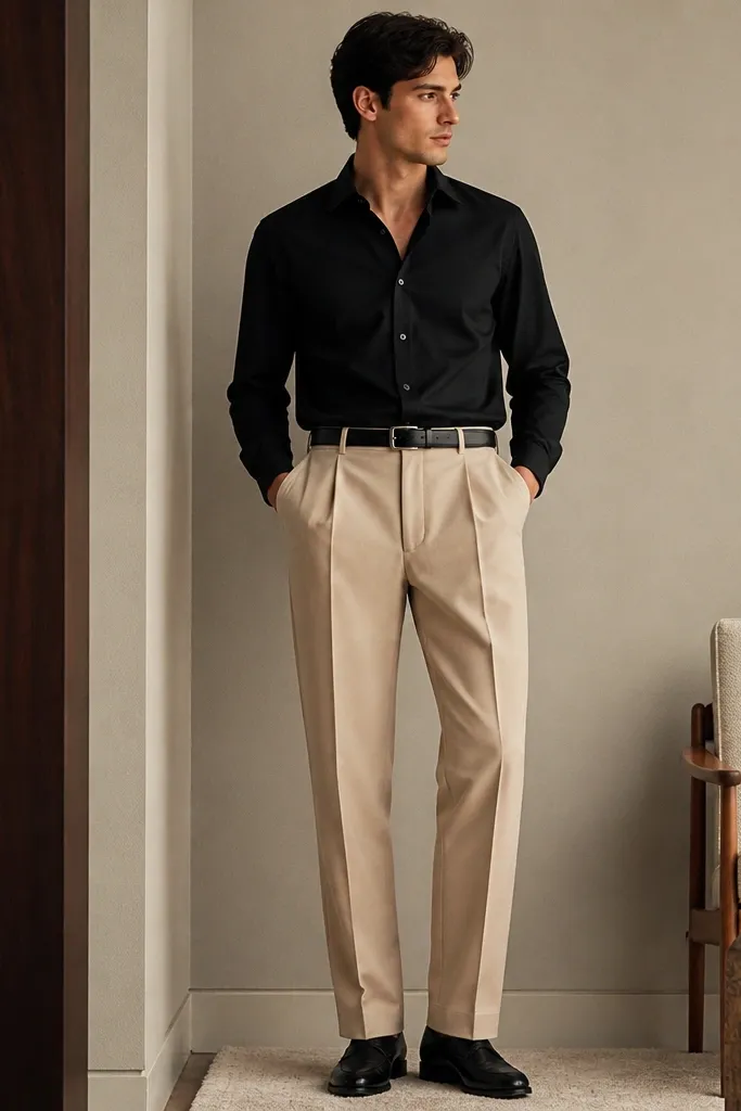 Beige pleated trousers worn with a black long-sleeve button-up (no tie), a black belt, and simple black leather shoes; the shirt is tucked and the pleats show clean structure.