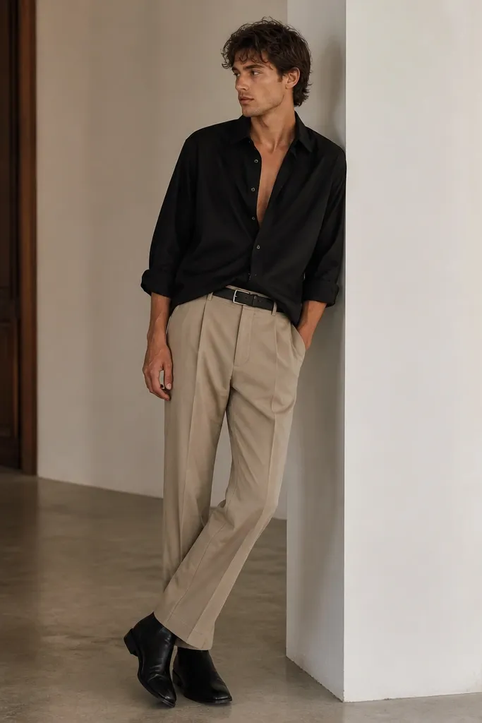 Beige pants with a black oversized button-up worn slightly open, a belt visible at the waist, and black leather boots; the shirt hem is partially tucked.