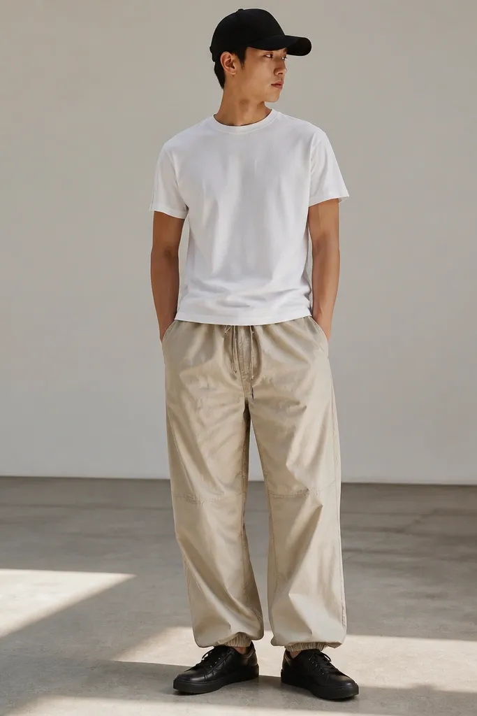 A man wearing beige parachute pants with a slightly shiny finish. He has a plain white crew-neck T-shirt, black low-top sneakers, and a black baseball cap. The pants bunch slightly at the hem and drape loosely through the thighs.