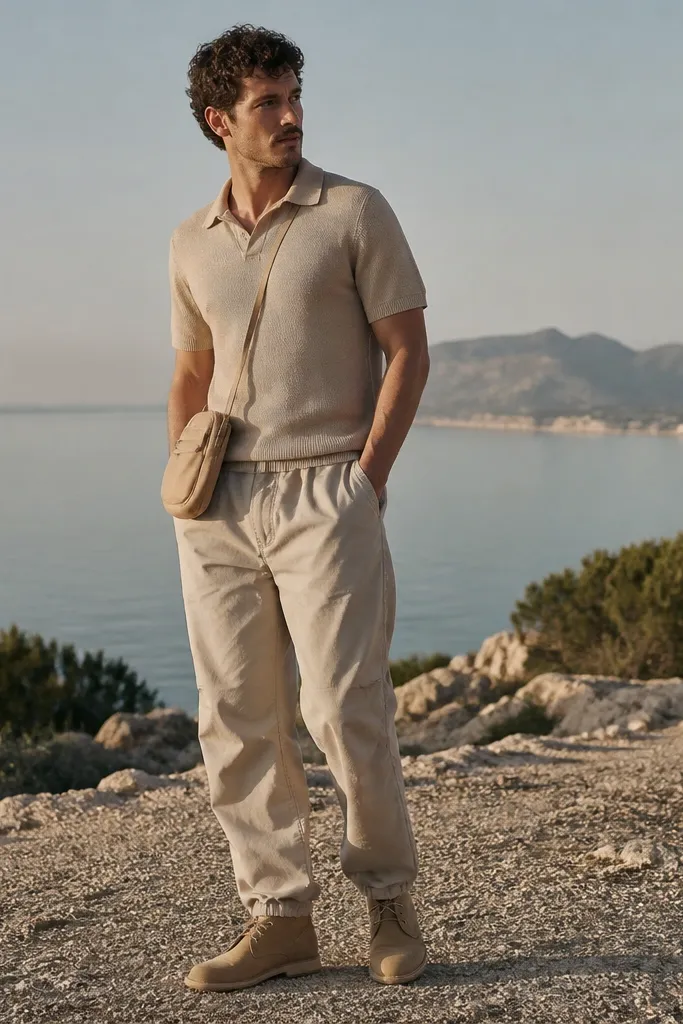 A man stands outdoors wearing a sand-colored knit polo shirt with short sleeves. His beige parachute pants have a glossy ripstop look and a relaxed fit. He wears tan suede desert boots and carries a small crossbody bag with a similar warm tone.