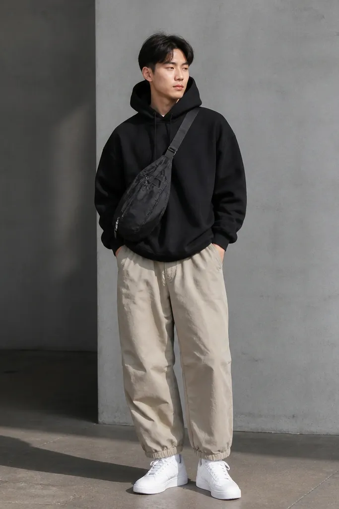 A man wearing a black hoodie with a slightly oversized fit. He has beige parachute pants with gathered cuffs and white sneakers. A black nylon sling bag sits across his chest.