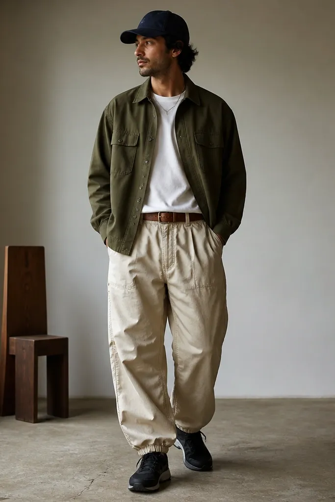 A man wearing an olive overshirt layered over a white tee. He has beige parachute pants with a shiny texture and wears dark denim-like cap and brown leather belt. He's in dark sneakers.