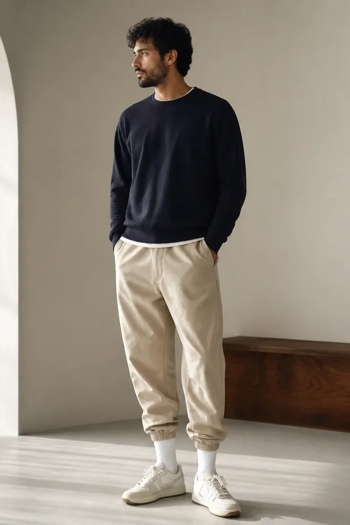 A man wearing a navy crewneck sweater over a light tee. He has beige parachute pants and white crew socks visible above simple sneakers. The pants have gathered cuffs and a relaxed thigh fit.