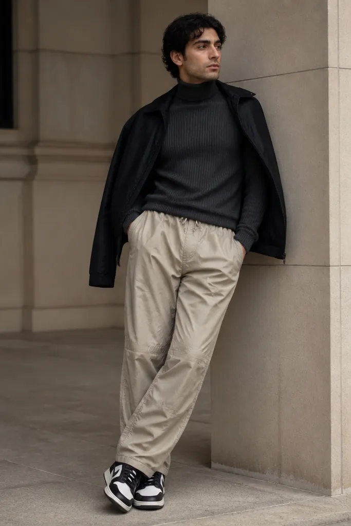 A man wearing a charcoal ribbed turtleneck. He has beige parachute pants with a subtle sheen and relaxed fit. He wears black-and-white trainers and a black jacket draped over his shoulders.