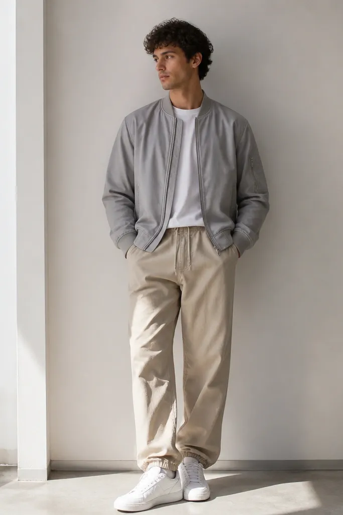 A man in a light gray bomber jacket with a matte finish. Under it is a white tee. He wears beige parachute pants with gathered cuffs and white sneakers.