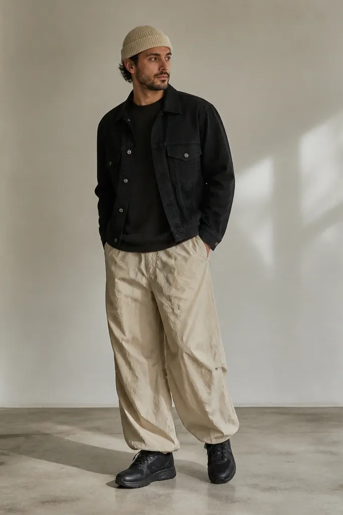 A man wearing a black denim jacket over a dark shirt. He has beige parachute pants with a shiny ripstop look. He wears a cream knit beanie and black sneakers.