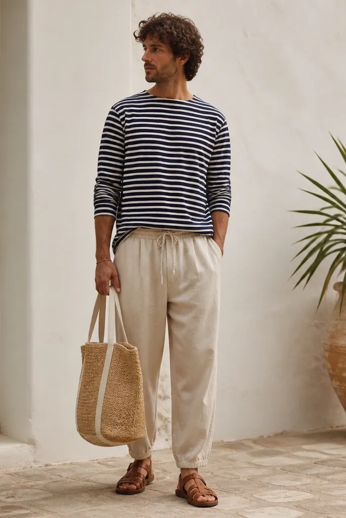 A man wearing a navy-and-white striped Breton shirt. He has beige parachute pants with a relaxed fit and cuff gathers. He wears brown leather sandals and a straw or light canvas tote.