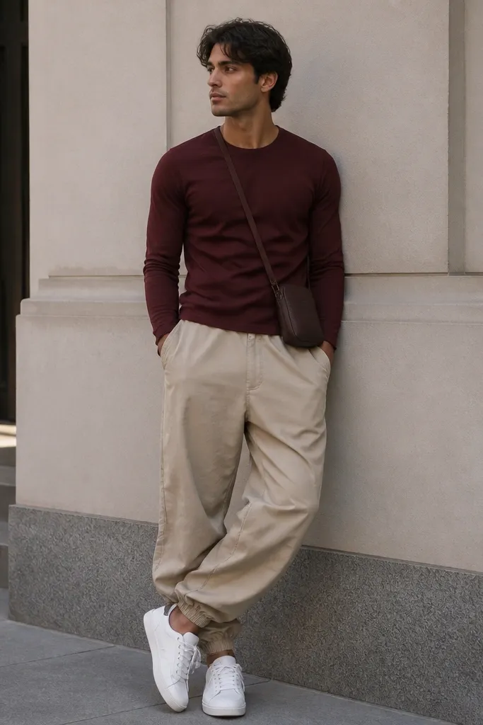 A man wearing a burgundy long-sleeve tee with a fitted silhouette. He has beige parachute pants with gathered cuffs and white sneakers. A small crossbody bag in dark brown sits at his hip.