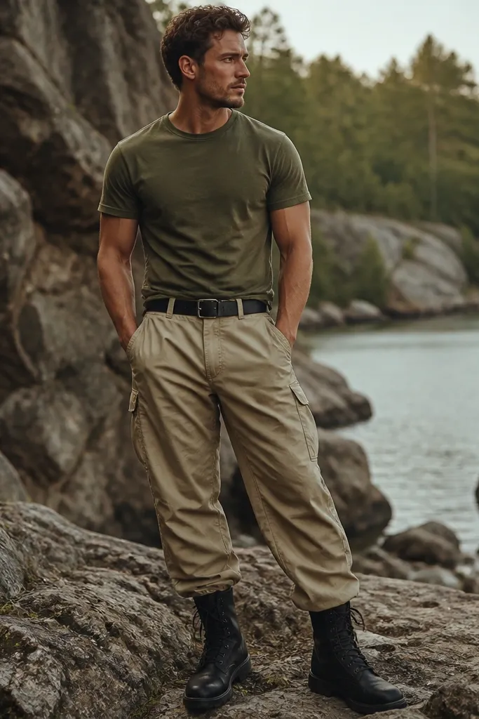 A man wearing an olive short-sleeve T-shirt. He has beige parachute pants with a slight sheen and relaxed legs. He wears black combat boots and a black leather belt. The look is outdoorsy and rugged.
