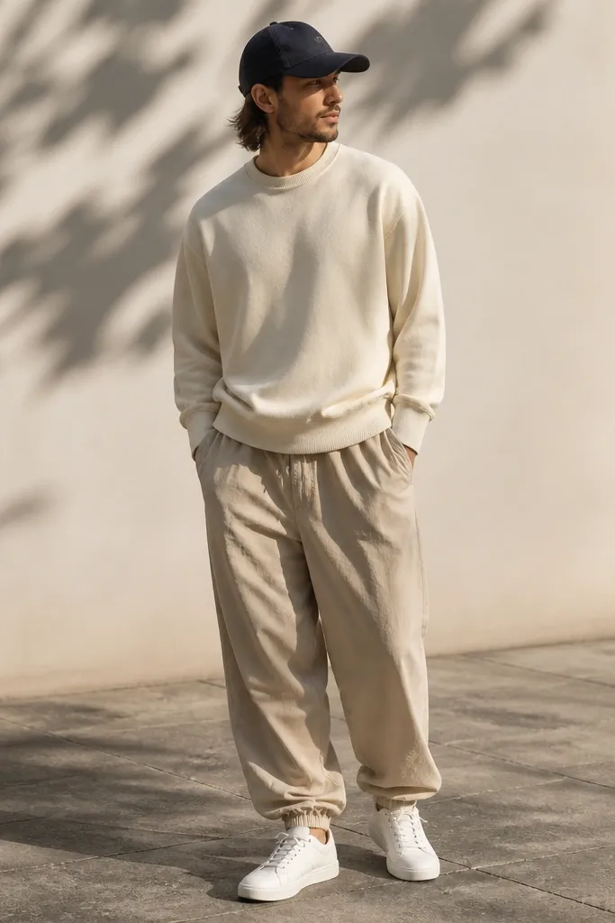 A man wearing a cream sweatshirt with ribbed cuffs. He has beige parachute pants that appear slightly shiny with gathered hems. He wears a navy baseball cap and white sneakers.