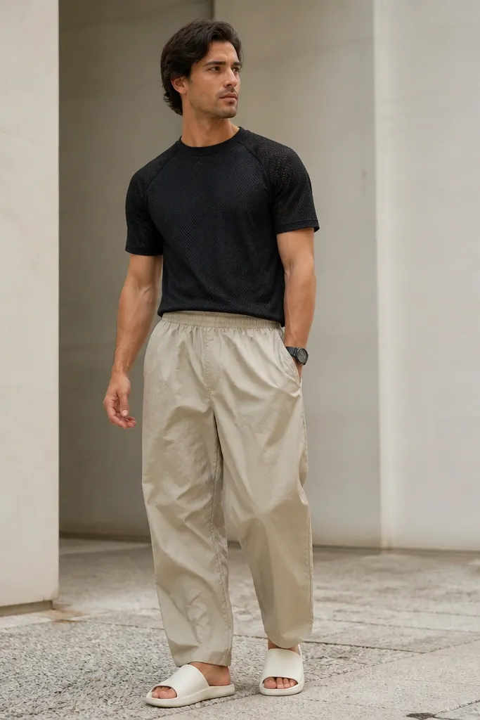 A man wearing a black mesh athletic tee. He has beige parachute pants with a shiny texture and elastic waist. He wears white slides and a black watch.