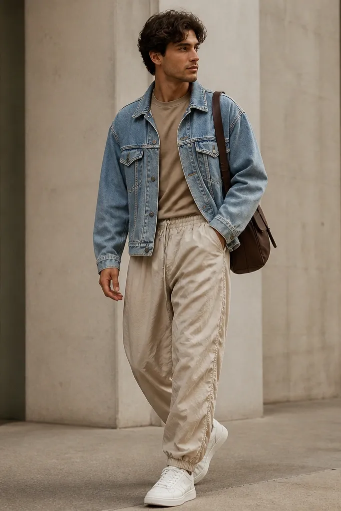 A man wearing a tan T-shirt and a light blue denim jacket. He has beige parachute pants with a ripstop shine and relaxed fit. He wears white sneakers and a brown leather strap bag.