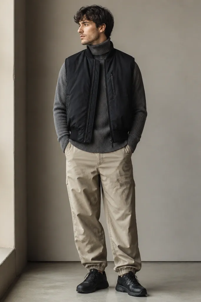 A man wearing a black bomber-style vest over a gray ribbed turtleneck. He has beige parachute pants with gathered cuffs and wears dark sneakers. The overall look is layered and clean.