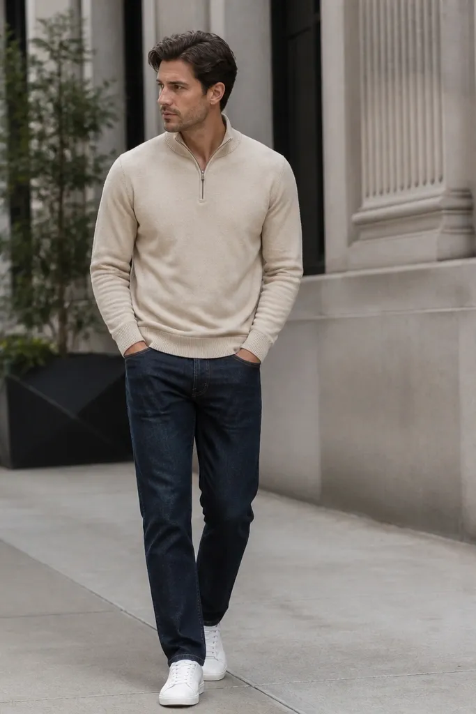 A man wearing an oat-beige quarter zip with the zipper half-closed, paired with dark indigo straight-leg jeans and clean white leather low-top sneakers. Background looks like a city sidewalk; the outfit looks crisp with minimal accessories.