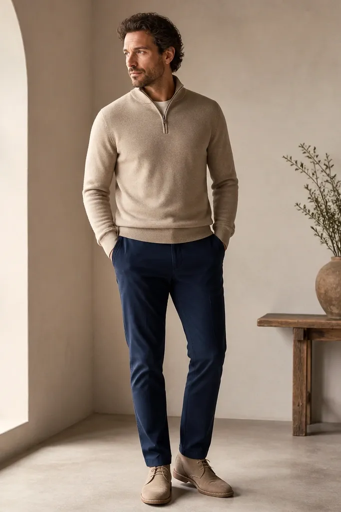 A sand-beige quarter zip worn over a clean crew neck base (not visible under the collar), paired with navy chinos and tan suede desert boots. The zipper is up to the mid-chest and the overall look is neat and slightly dressy.