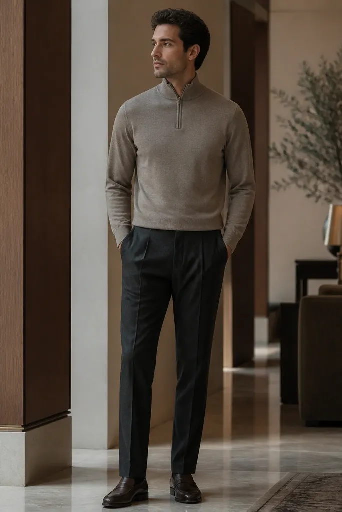 A taupe-beige quarter zip with the collar zipped up, worn with charcoal wool trousers. Dark brown leather loafers are visible, and the look is set in an indoor lobby-like space.