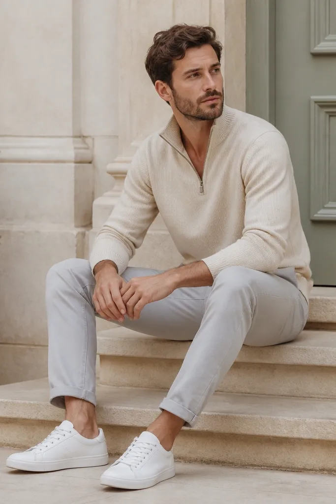 A cream-beige quarter zip worn with light gray chinos and white canvas sneakers. The zipper is half-closed and the outfit looks airy, suited for casual daytime.