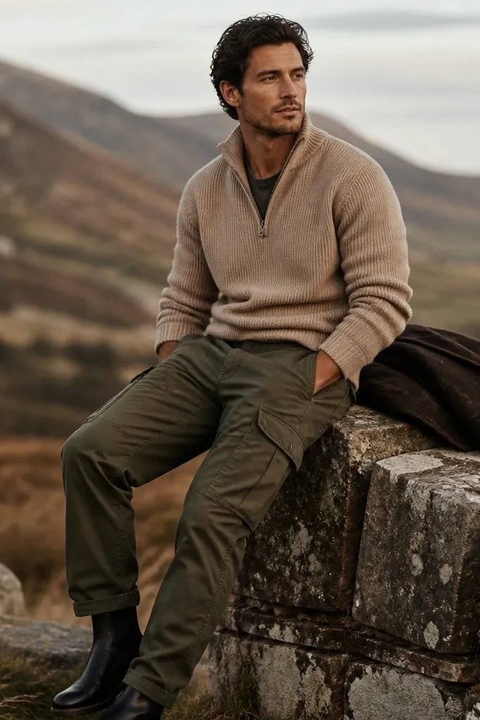 A beige quarter zip worn with olive cargo pants and black leather boots. The outfit has a rugged feel, with the quarter zip zipped to mid-chest and a dark outer layer implied by the styling.