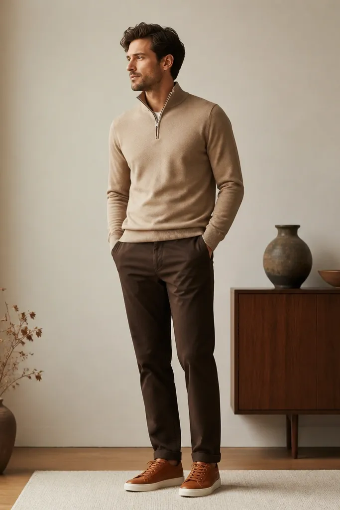 A sand-beige quarter zip paired with dark brown chinos and tan leather sneakers. The outfit feels warm and autumn-ready, with a clean, minimal look.
