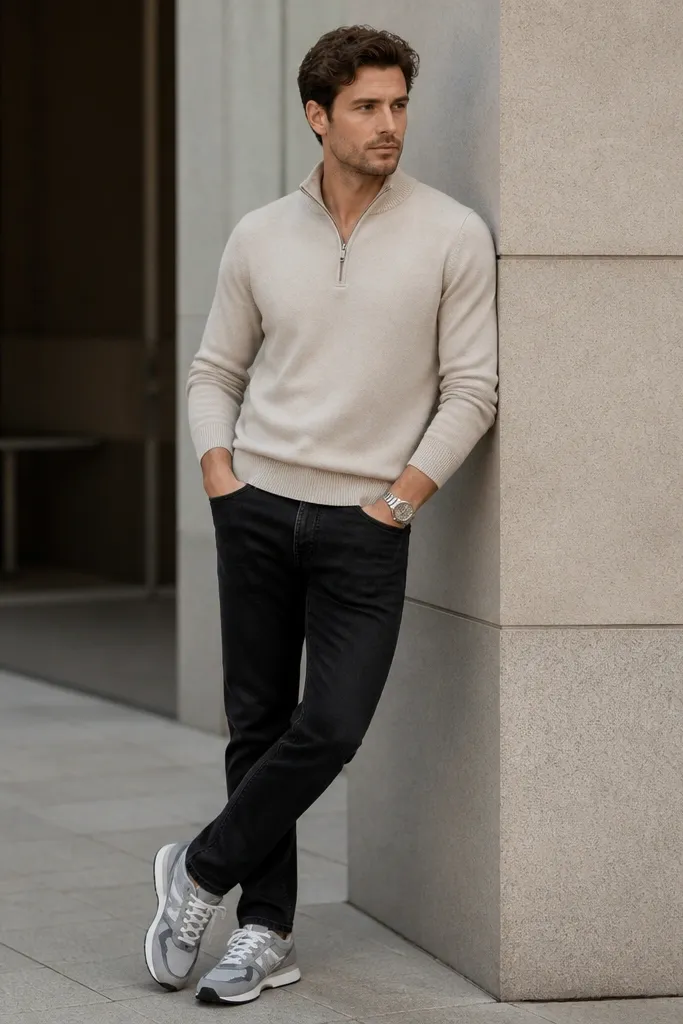 A beige quarter zip with zipper up to mid-chest, black jeans, and gray sneakers. A silver watch is visible on the wrist, and the styling is clean and modern.