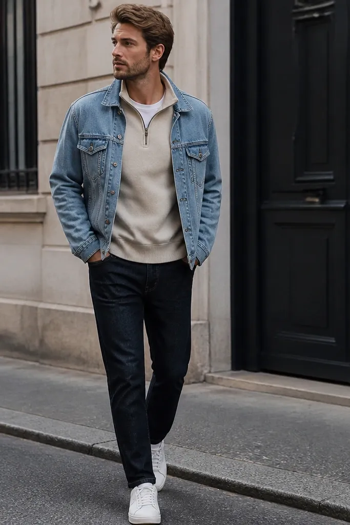 An oat-beige quarter zip worn under a light blue denim jacket, paired with dark jeans and white sneakers. The layering is the focus, with visible seams and a casual street style feel.