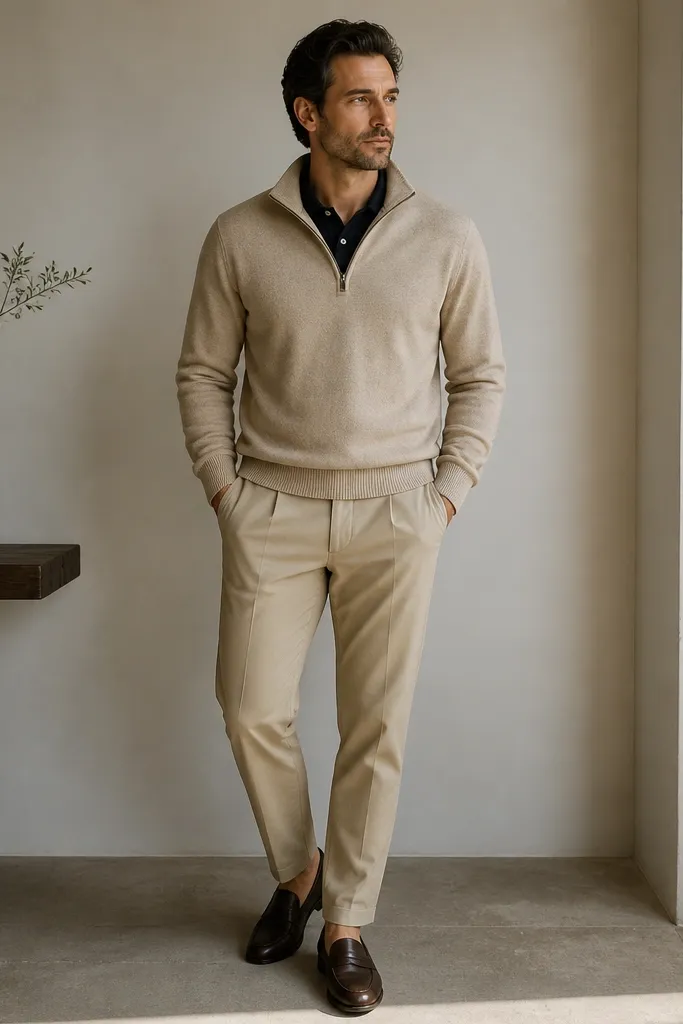 A beige quarter zip layered over a navy knit polo, with khaki trousers and brown loafers. The collar peeks out and the outfit looks layered but clean.