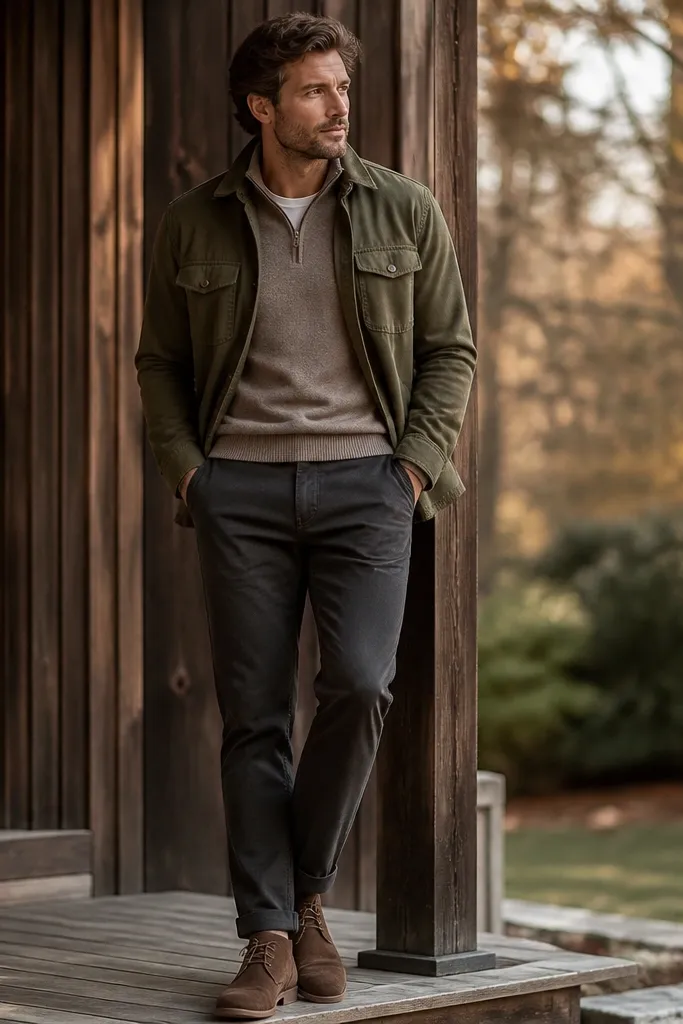 A taupe quarter zip worn with an olive overshirt on top, dark chinos underneath, and chukka boots. The outfit looks like fall dressing with layered textures.