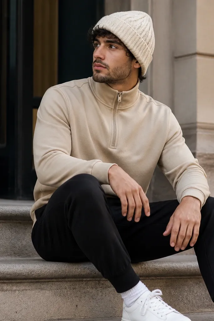 A beige quarter zip zipped up, paired with clean black joggers that taper, and a cream cable-knit beanie. The outfit looks cozy and street-ready while staying sharp.