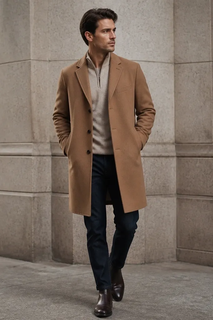 An oat-beige quarter zip under a camel overcoat, paired with dark jeans and dark leather shoes. The overcoat is buttoned or partially closed, creating a polished silhouette.