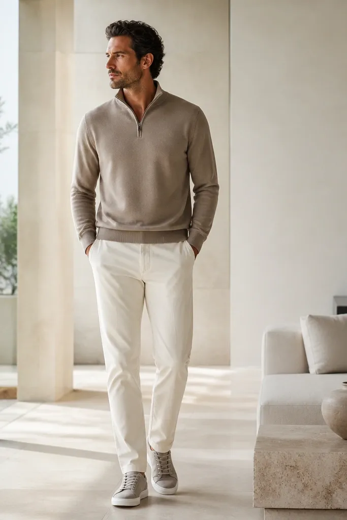 A taupe-beige quarter zip worn with off-white chinos and light gray sneakers. The overall look is bright but not stark, with clean lines.