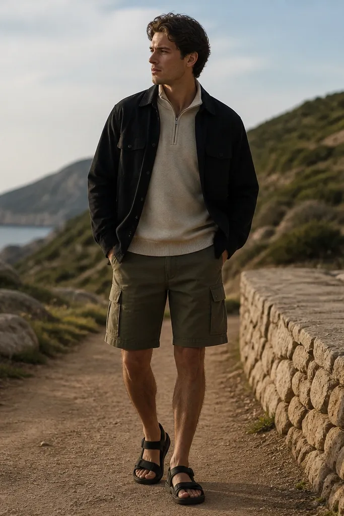 A beige quarter zip worn with a black overshirt and olive cargo shorts, plus dark sandals or boots. The outfit looks like warm-weather layering.