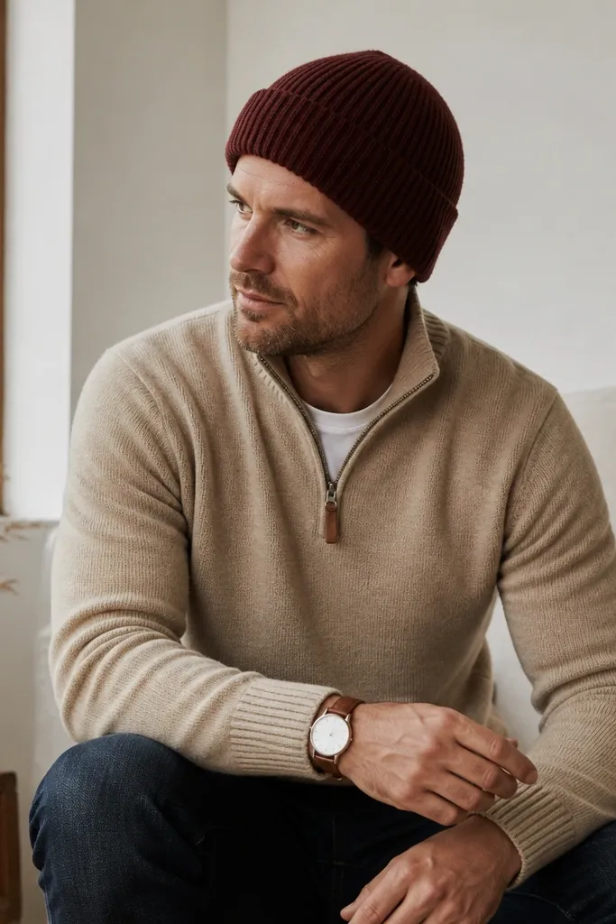 A man wearing an oat-beige quarter zip with a burgundy knit beanie, navy jeans, and a brown leather watch. The outfit looks cozy and color-coordinated.