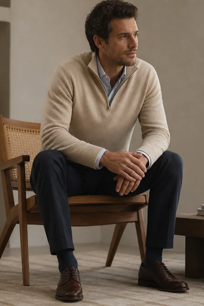 A beige quarter zip worn over a striped oxford shirt, with dark trousers and leather shoes. The striped collar and shirt placket peek out under the quarter zip.
