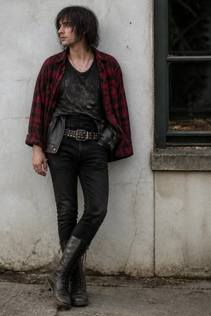 A man wearing a faded black band T-shirt under a red-and-black plaid flannel worn open to mid-torso, with a cropped leather jacket peeking at the waist. He has slim black jeans, a wide studded belt with silver spikes, and tall black lace-up boots. The outfit looks heavily worn-in with scuffed fabric and matte finishes.